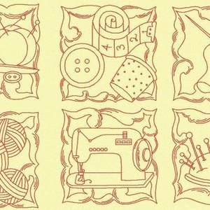 Op de afbeelding: Zes vierkante illustraties met naai-items. De afbeeldingen bevatten een speldenkussen met spelden, een schaar, knopen, een meetlint, een vingerhoed, naald en sok, bollen garen, een naaimachine en een speldenkussen met spelden. Alle afbeeldingen zijn rood omlijnd.