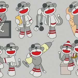 May include: A set of ten gray sock monkey illustrations with various medical themes. The monkeys are wearing white coats, holding medical tools, and some are wearing bandages.