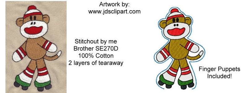 21 Summer Fun Sock Monkey Machine Embroidery Design Files 4x4 with Finger Puppets image 3