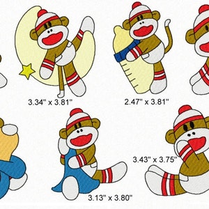 May include: Set of seven embroidered designs featuring a sock monkey in various poses. The designs include a monkey holding a bottle, a monkey sleeping on a crescent moon, a monkey sitting with its legs crossed, and a monkey holding a pacifier. The designs are all approximately 3.5 inches wide and 3.8 inches tall.
