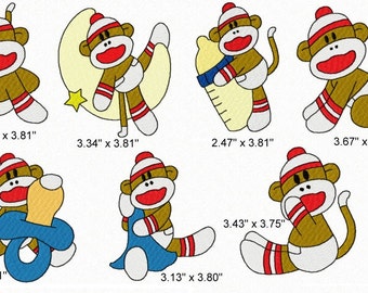 21 Baby Boy Sock Monkey Machine Embroidery Design Files 4x4 Set #1