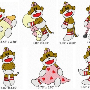 Peut inclure: Ensemble de sept motifs brodés représentant un singe brun portant une couche et un nœud rose. Le singe tient un biberon, un hochet, une sucette, une couverture, une couverture en forme de cœur et un jouet. Les motifs mesurent environ 5 à 10 cm de large et 10 cm de haut.