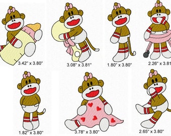 21 Baby Girl Sock Monkey Machine Embroidery Design Files 4x4 Set #1