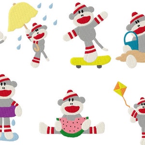 21 Summer Fun Sock Monkey Machine Embroidery Design Files 4x4 with Finger Puppets image 2