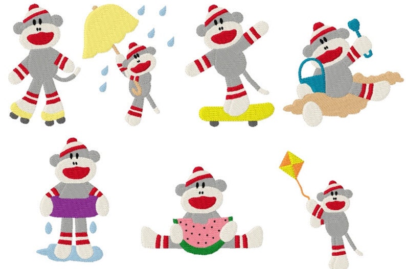 21 Summer Fun Sock Monkey Machine Embroidery Design Files 4x4 with Finger Puppets image 2