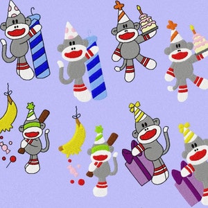 May include: Nine gray sock monkeys wearing party hats and holding birthday party items. The monkeys are on a light purple background. The items include a birthday cake, a candle, a banana, a gift box, a baseball bat, and a blue and white striped birthday candle.