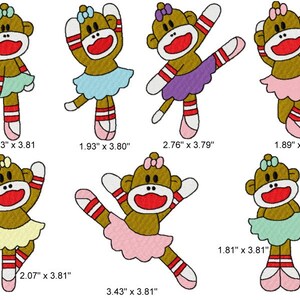 May include: Six embroidered designs of sock monkeys dressed as ballerinas. The monkeys are brown with red lips and white eyes. Each monkey is wearing a different colored tutu: green, blue, purple, pink, yellow, and light green. The monkeys are all in different poses, some with their arms up in the air and some with their legs crossed. The designs are approximately 2 inches by 3 inches.