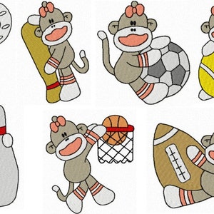 May include: Eight illustrations of monkeys wearing socks and playing different sports. The monkeys are all wearing pink bows and have brown fur. The sports include baseball, soccer, tennis, bowling, basketball, and football.
