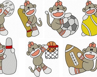 28 Girl Sports Sock Monkey Machine Embroidery Design Files 4x4 with Finger Puppets