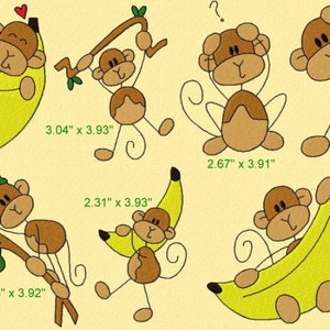 May include: A set of six illustrated brown monkeys in various poses, including a monkey hanging from a branch, a monkey covering its eyes, and a monkey sitting on a banana. The monkeys are all drawn in a simple, cartoon style.