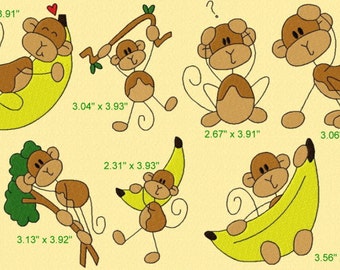 21 Stick Monkey Machine Embroidery Design Files 4x4 with Finger Puppets