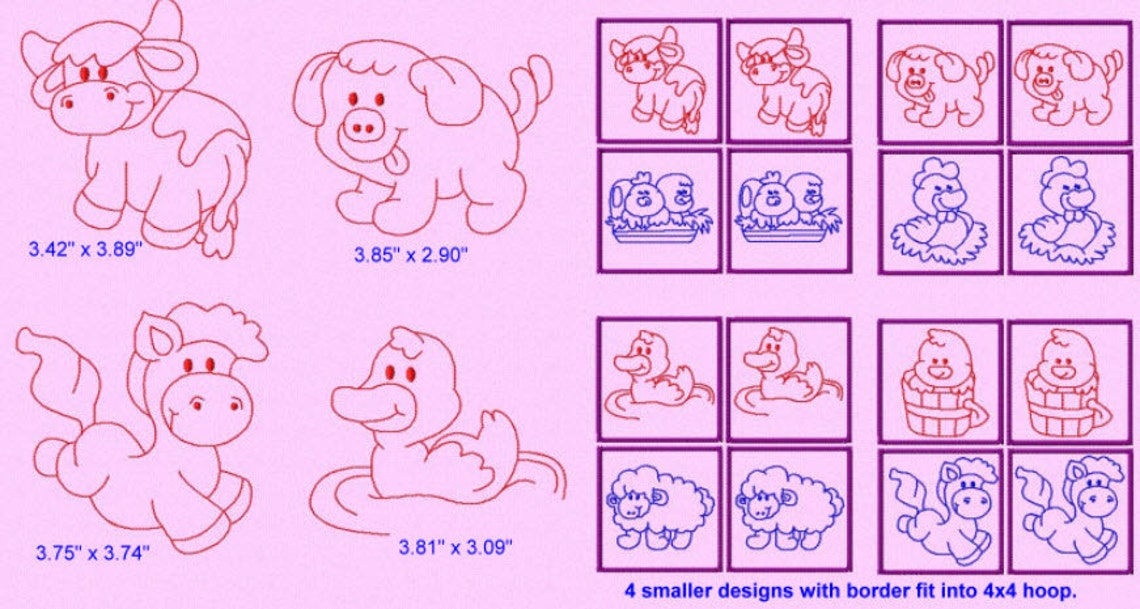 12 Redwork Farm Animals 4x4 With a Memory Matching Game | Etsy