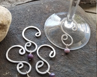 Swirl Wine Charms with Beads/ Unique Gift/ Shaped and Hammered Aluminum Wire