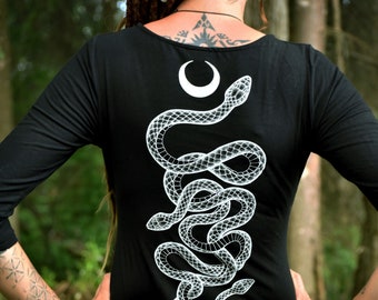 Serpent Moon Bamboo Tunic, Snake print Dress, handprinted short black dress, Snake Goddess print Summer tunic, Medusa Goddess black dress