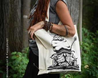 Wizard Cotton Canvas Bag, Wizard and Toad Tote Bag, Wizard print Shopping Tote bag, Over shoulder Cotton Bag, handdrawn spiritual Art