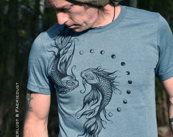 Mens Koi Fish Shirt, Ocean Lover Pisces handprinted Unisex Tshirt, unique handdrawn Original Art Shirt for him, Dragon Fantasy Clothing