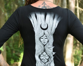 Bamboo Dress Maiden Mother Crone, printed Bamboo Tunic, printed short black Dress, Goddess Clothing, eco clothing, Wiccan Clothing