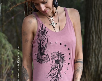 Koi Fish slouchy Tank Top, handprinted Pisces Womens Top, printed Koi Tank, sacred Goddess Yoga Moon Clothing, Moonphases Clothing