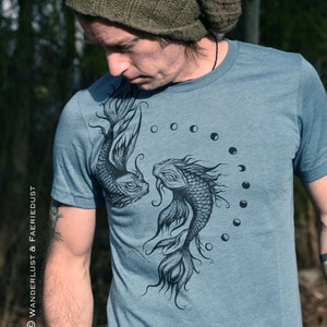Mens Koi Fish Shirt, Ocean Lover Pisces handprinted Unisex Tshirt, unique handdrawn Original Art Shirt for him, Dragon Fantasy Clothing