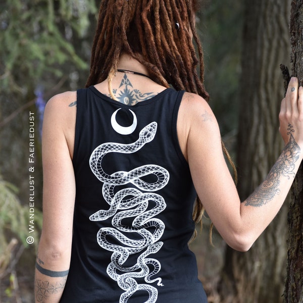 UNISEX Snake Tank Top, handprinted unisex black Serpent Moon Tank, Cluster of Snakes alternative black workout Tank Top for him, Yoga Top