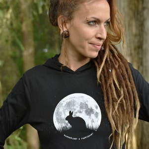 UNISEX Bunnymoon black Cotton Jersey with Hood, lightweights unisex Jersey hooded Longsleeve Tee, Bunny and Moon print Original Art Shirt image 1