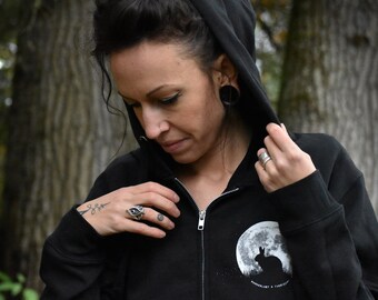 Bunnymoon Zip Hood, Unisex black Zip Hoodie, Bunnymoon Zip, Bunny in the Moon Hoodie, Bunnyhug, hooded Longsleeve, Bunny in the Moon print