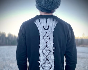 Maiden Mother Crone UNISEX Sweater, black Generations Sweatshirt, Moon Tree Sweater, Pagan print Longsleeve, screenprinted Pullover