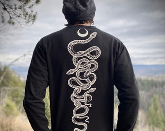 UNISEX Snake Sweatshirt, black Cotton Pullover with Serpent print, Snake Moon Sweater, animal print Longsleeve, Pagan print Sweater