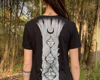 Maiden Mother Crone relaxed fit Bamboo Cotton Ladies Tshirt, scoop bottom Generations Crescent Moon Top, Womens Wiccan Wood Spirit Yoga Top