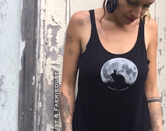 Bunnymoon slouchy Tank Top, Moonbunny handprinted Womens Top, Womens Moon Tank, printed Yoga Clothing, black workout Top, Rabbit Lover gift