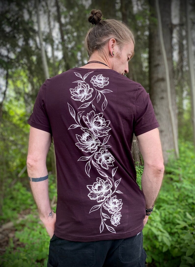 PEONY Cotton unisex Tee, Tattoo Flower Tshirt, Original Art screen printed T-Shirt, Alternative Tee Shirt for him, Tattoo Art Clothing image 1