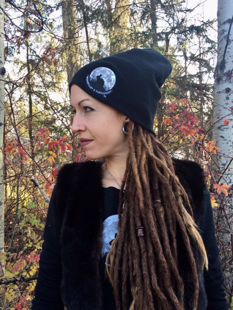 Bunnymoon slouchy black knit Toque embroidered Beanie with Bunnymoon Logo slouchy Hat for Women and Men Animal lover hat Rabbit toque