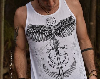 Medicine Wing Tank Top, Sword Wings and Runes handprinted unisex white Tank, alternative white workout Tank Top for him, Yoga Top