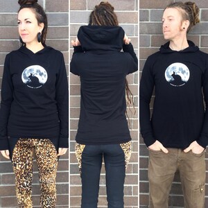 UNISEX Bunnymoon black Cotton Jersey with Hood, lightweights unisex Jersey hooded Longsleeve Tee, Bunny and Moon print Original Art Shirt image 8