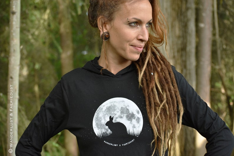 UNISEX Bunnymoon black Cotton Jersey with Hood, lightweights unisex Jersey hooded Longsleeve Tee, Bunny and Moon print Original Art Shirt image 1