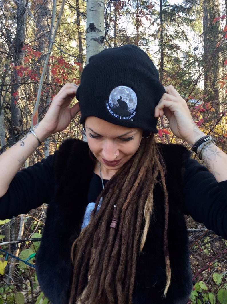Bunnymoon slouchy black knit Toque embroidered Beanie with Bunnymoon Logo slouchy Hat for Women and Men Animal lover hat Rabbit toque