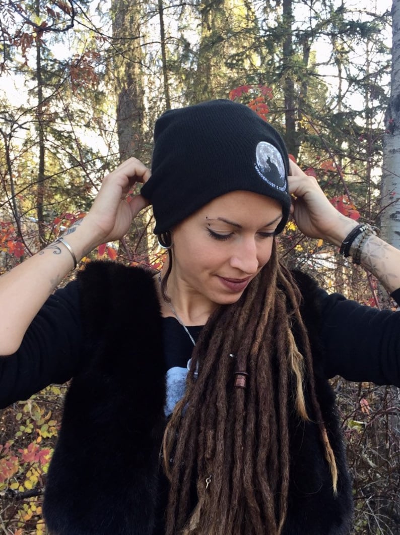 Bunnymoon slouchy black knit Toque embroidered Beanie with Bunnymoon Logo slouchy Hat for Women and Men Animal lover hat Rabbit toque