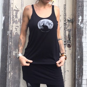 Bunnymoon slouchy Tank Top, Moonbunny handprinted Womens Top, Womens Moon Tank, printed Yoga Clothing, black workout Top, Rabbit Lover gift image 5