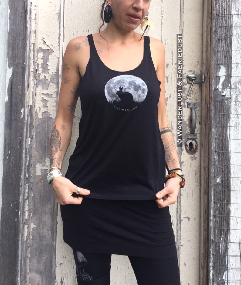 Bunnymoon slouchy Tank Top, Moonbunny handprinted Womens Top, Womens Moon Tank, printed Yoga Clothing, black workout Top, Rabbit Lover gift image 5