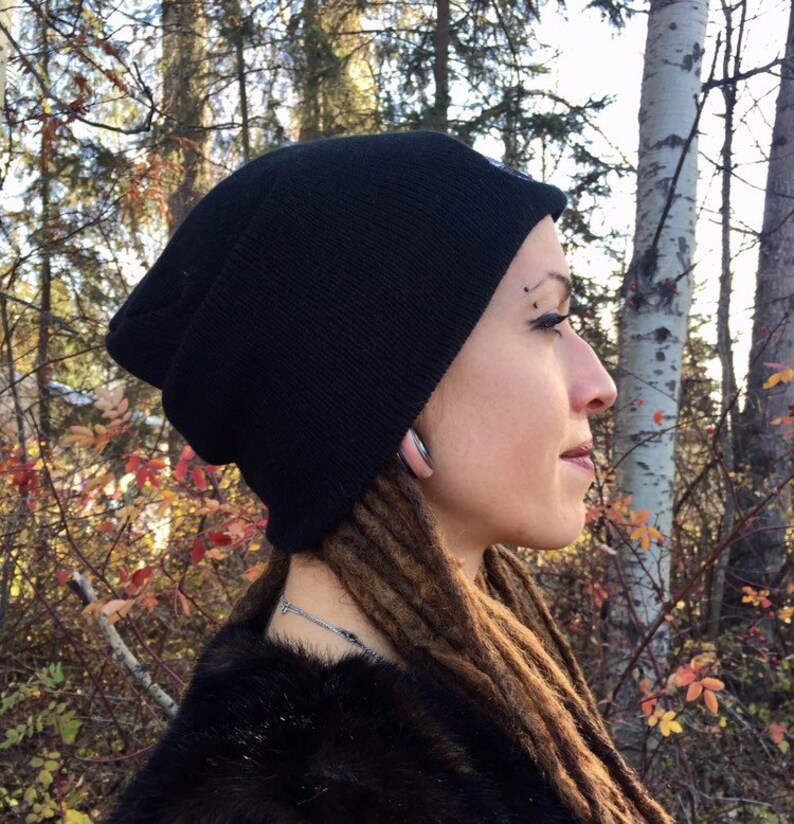 Bunnymoon slouchy black knit Toque embroidered Beanie with Bunnymoon Logo slouchy Hat for Women and Men Animal lover hat Rabbit toque