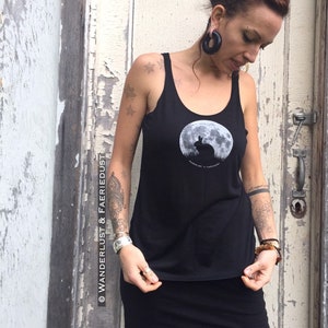 Bunnymoon slouchy Tank Top, Moonbunny handprinted Womens Top, Womens Moon Tank, printed Yoga Clothing, black workout Top, Rabbit Lover gift image 2