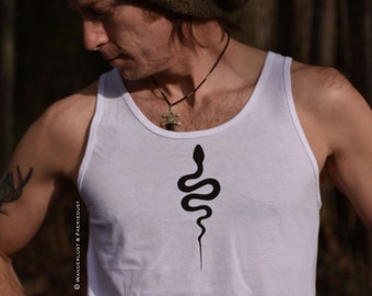 Serpent Moon Tank Top, handprinted unisex Snake Tank, Cluster of Snakes alternative white workout Tank Top for him, Yoga Top