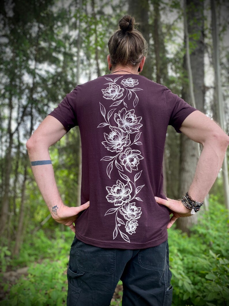 PEONY Cotton unisex Tee, Tattoo Flower Tshirt, Original Art screen printed T-Shirt, Alternative Tee Shirt for him, Tattoo Art Clothing image 6