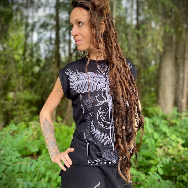 Medicine Wing Ladies Cap Sleeve Tee, Sword Wings and Runes handprinted Womens Top, Womens Muscle Shirt, printed black workout Top