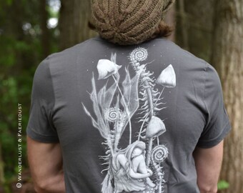 FAERIE KINGDOM Cotton unisex Tee, Fiddlehead Wizard Tshirt, Original Art screenprinted Mens T-Shirt, Alternative Tee Pagan Shirt for him