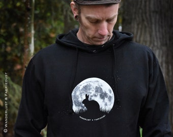 Bunnymoon Hoodie, Unisex black Cotton Pullover with Hood, Bunny in the Moon Hoodie, Bunnyhug, hooded Longsleeve, Bunny in the Moon print