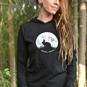 UNISEX Bunnymoon black Cotton Jersey with Hood, lightweights unisex Jersey hooded Longsleeve Tee, Bunny and Moon print Original Art Shirt image 2