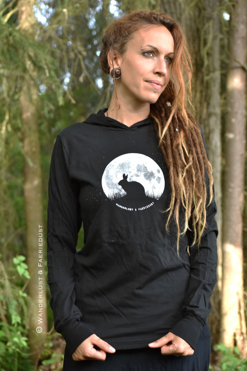 UNISEX Bunnymoon black Cotton Jersey with Hood, lightweights unisex Jersey hooded Longsleeve Tee, Bunny and Moon print Original Art Shirt image 2