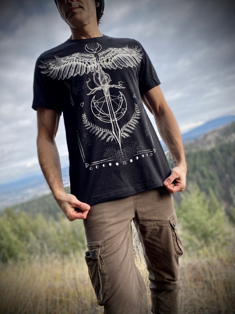 MEDICINE black Cotton unisex Tee, Sacred Geometry Rune Tshirt, Original Art screen printed T-Shirt, Alternative Tee Pagan Shirt for him image 2