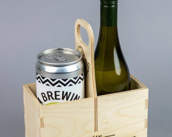Personalized Wood Carrier for 2 Large Beer Cans or Wine Bottles